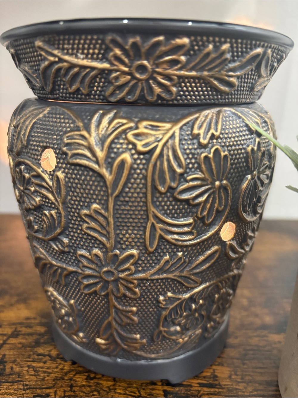 SCENTSY Embossed Floral Ceramic Vase with Glossy Black Rim